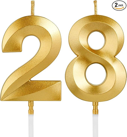 Birthday Candles, 1.96 Inch Number 28 Happy Birthday Candles, Number Candles Decoration for Birthday Party and Anniversary Celebration(Champagne Gold)