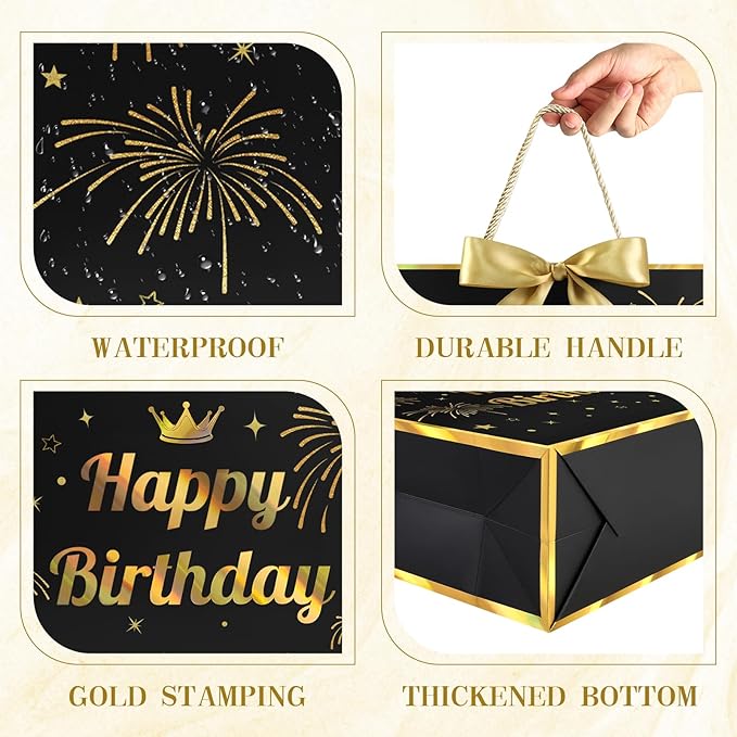 JMANNI Black Gold Happy Birthday Gift Bag with Card and Tissue Paper, 12.6"×9.84"×3.9" Elegant Present Bag for Men Women, Year Old Birthday Keepsake Party Supplies