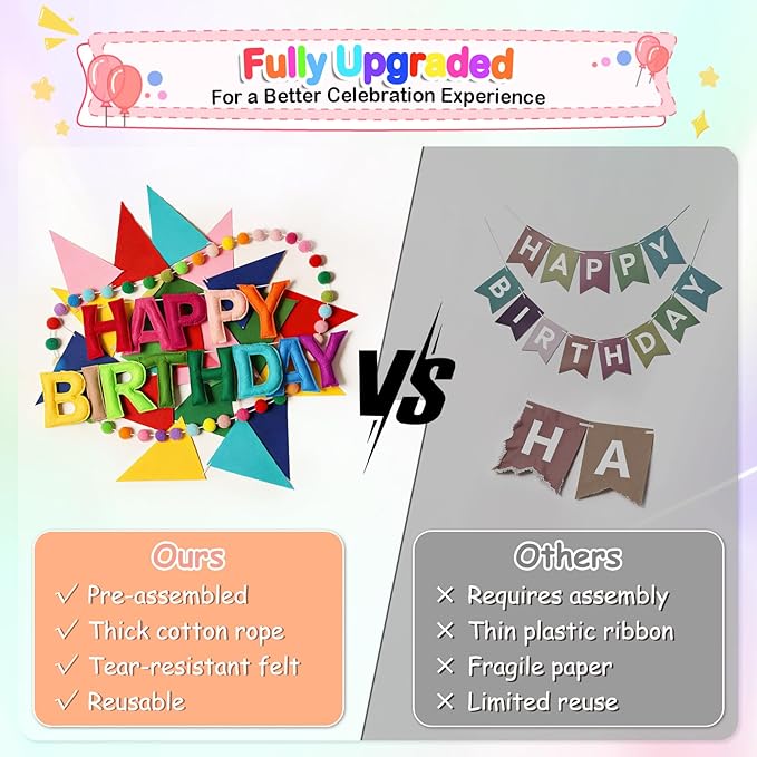 Pre-Strung Happy Birthday Banner, Reusable Felt Birthday Party Decorations, 3D Effect Happy Birthday Sign with Felt Ball Garland, Pennant Flag, Hanging Paper Fans for Men Women Boy Girls (Rainbow)