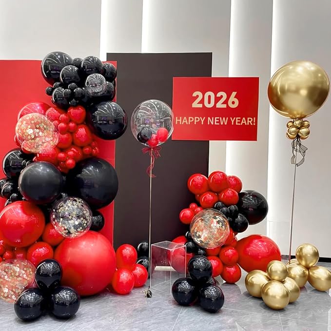MEBAY 155Pcs Red Black Gold balloons Garland Arch Kit with Gold Confetti Balloons for Graduation Anniversary Casino Night Hollywood New Years Movie Night Birthday Decorations