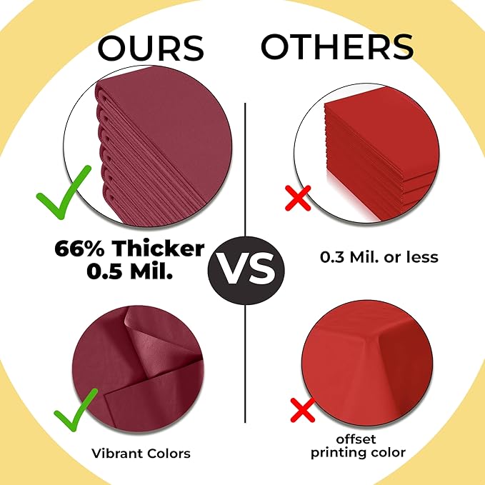 Exquisite 66% Thicker Premium Plastic Table Cloth Rectangle Table Cover 0.5 Mil 24 Pack Burgundy Table Cloth 54 Inch x 108 Inch Disposable Tablecloth Won't Tear Easily Like Cheap Thin Brands