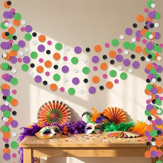 Outus 5 Pieces Orange,Black,Purple,Green,White Round Dots Garland Graduation Party Hanging Decor Each Length 13.1ft Glitter Paper Dot Streamers for Birthday Wedding Classroom Supplies