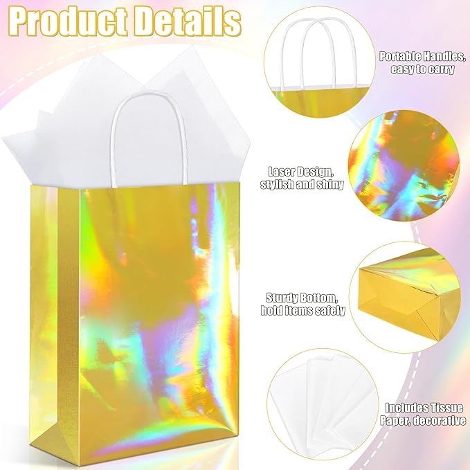 MIMIND 24 Pack Iridescent Paper Gift Bags with Handles Holographic Party Favor Bags with Tissue Paper 8.7 x 6.3 x 3.1 Inch Glitter Gold Foil Goodie Candy Bag for Wedding Baby Shower Birthday Party