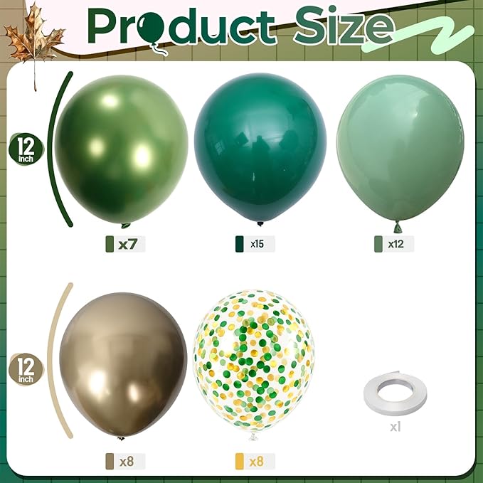 Sage Green and Gold Balloons, 12 Inch Emerald Forest Hunter Dark Green Metallic Gold Latex Balloon with Confetti Balloon for Wild One Jungle Birthday Graduation Safari Baby Shower Decorations Supplies