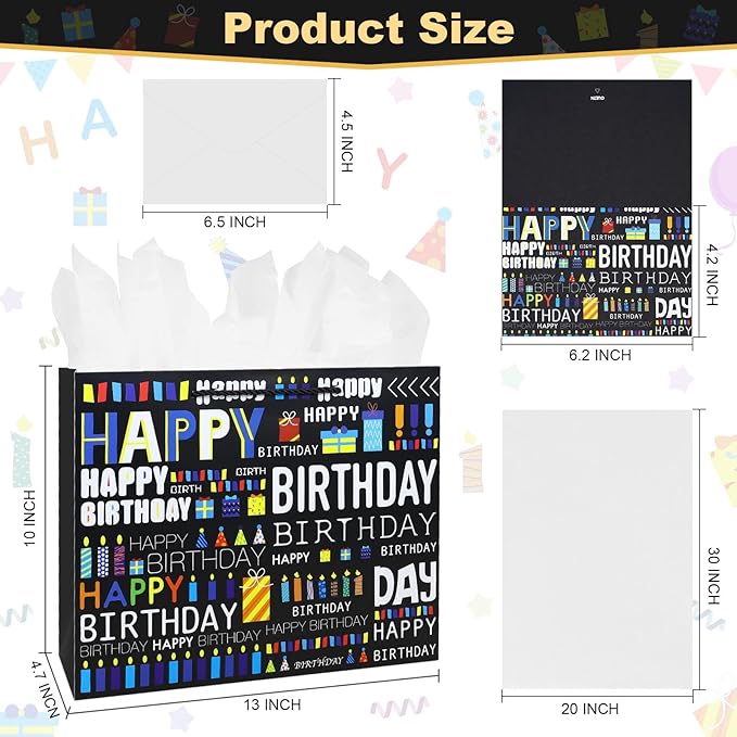 Oletx 13" Black Letter Party Gift Bags Happy Birthday Gift Paper Bag with Tissue Paper Greeting Card for Father's Day,Men's Birthday Party