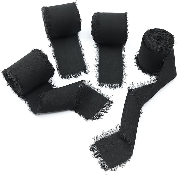 4 Rolls Black Handmade Fringe Chiffon Silk Ribbon 1.5" W x 5Yd Per Roll,Frayed Edges Ribbon Set for Gifts Wrapping,Wedding Invitations,Bouquets,DIY Crafts (1.5" x20Yd, Black)