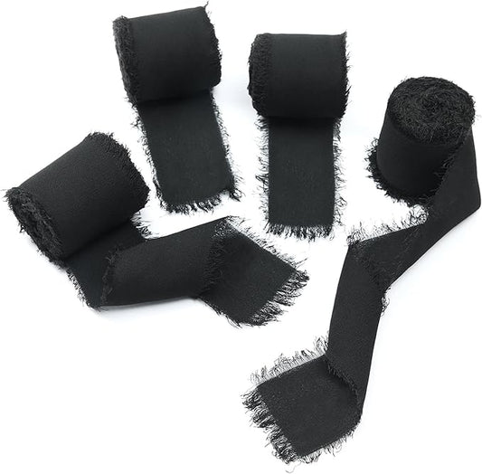 4 Rolls Black Handmade Fringe Chiffon Silk Ribbon 1.5" W x 5Yd Per Roll,Frayed Edges Ribbon Set for Gifts Wrapping,Wedding Invitations,Bouquets,DIY Crafts (1.5" x20Yd, Black)