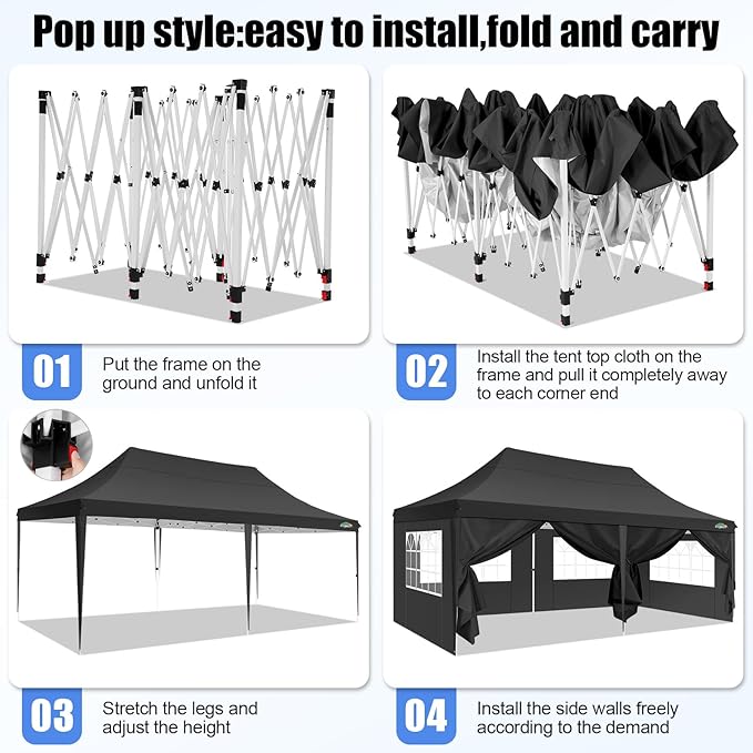 COBIZI 10x20 Pop Up Canopy with 6 Sidewall, Commercial Canopy UPF 50+ Waterproof Outdoor Gazebo with Carry Bag, Tents for Parties with Upgrade Frame, 3 Height Adjustable, Black