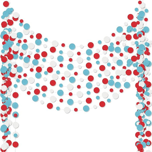 Outus 10 Pieces Colorful Circle Garland Banner Hanging Paper Dot Decorations for Classroom, Birthday Party, Baby Shower, Wedding Backdrop & Photo Booth Graduation Decor (Light Blue,White,Red)