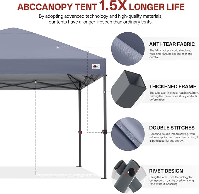 ABCCANOPY 8x8 Pop Up Canopy Tent, Easy Setup Instant Shelter with Wheeled Bag, Heavy Duty Outdoor Canopy for Beach, Market, Backyard, UV Protection, Outdoor Weather Protection (Light Gray, 8x8)