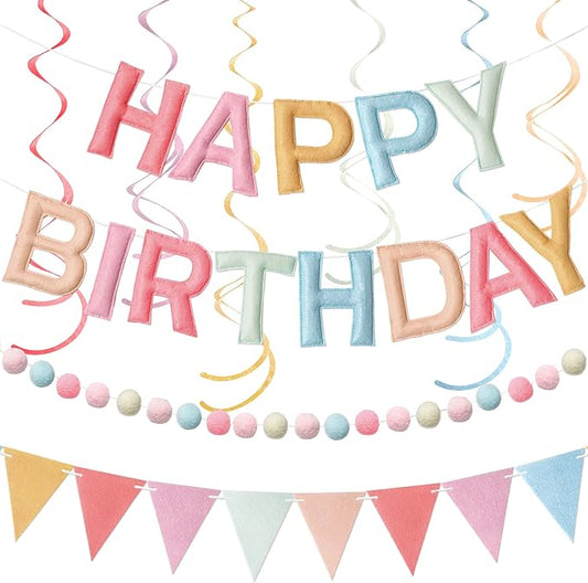 Kriyokiaa Pre-Strung Felt Happy Birthday Banner Retro Pastel Happy Birthday Party Decorations with Pom Pom Garland, Flag and Hanging Swrils for Women Girls Party Decor