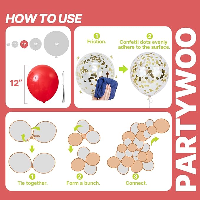 PartyWoo Red Black and Gold Balloon Arch Kit Garland 142pcs Different Sizes of 18 12 10 5 Inch Matte Black Red Metallic Gold Confetti Balloons for New Year's Eve Graduation Birthday Party Decorations