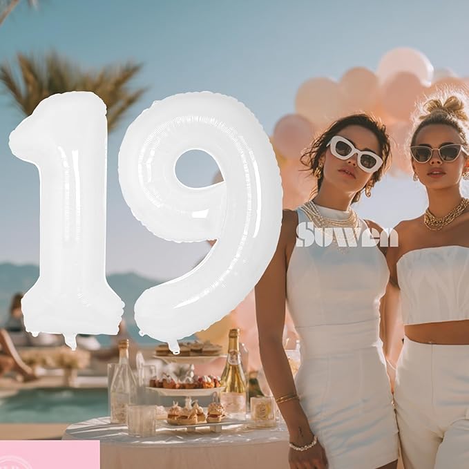 SUWEN 40 Inch White Large 19 Number Balloons Big Foil Helium Number Balloons 0-9 Giant Jumbo Happy 19th Birthday Party Decorations for Boy or Girl Huge Mylar 91 Anniversary Party Supplies