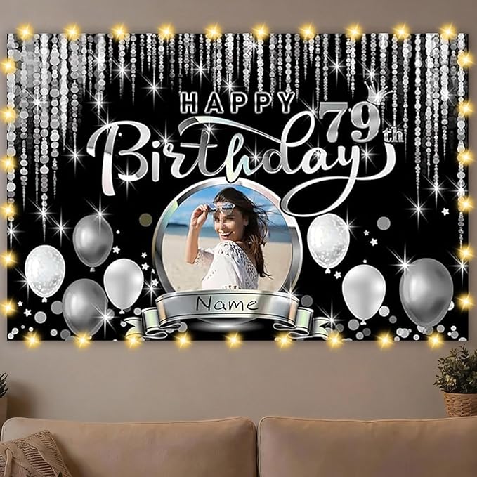 Dicodes Custom Happy Birthday Decoration Banner - Personalization Available - Black and Silver - Large Size - Supports Custom Photos and Names