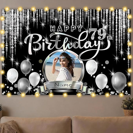 Dicodes Custom Happy Birthday Decoration Banner - Personalization Available - Black and Silver - Large Size - Supports Custom Photos and Names