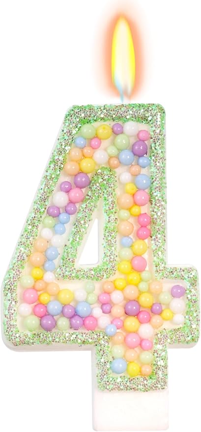 Birthday Candles - Number 4 Candle, Colorful Macaron Candles for Boys/Girls, Green Cake Decorations, Fairy Tale Themed Party Supplies