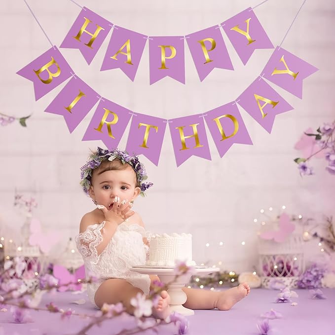 Happy Birthday Banner Birthday Party Banner NO DIY Happy Birthday Sign Pre-Strung Birthday Hanging Decoration for Women Men Girl Boy Party Supplies (Purple and Gold)
