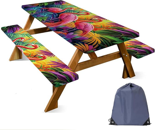 ANNA QUEEN Tropical Flamingo Summer Flower Picnic Table Cover 6FT with Bench Covers Picnic Table Cover Set 3PCS 72"x30", Outdoor Bench and Tablecloth Furniture Protection