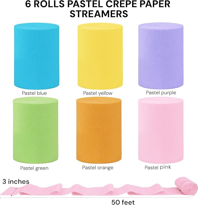 Oubest Pastel Crepe Paper Streamers 6 Rolls, 3" x 50ft Each, Colorful Streamers Party Backdrop Decorations for Birthday, Baby Shower, Wedding, Bachelorette Party, Bridal Shower, Christmas, DIY Crafts