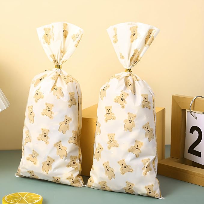 iNINGER 50 Pieces Bear Baby Shower Treats Cellophane Bags Plastic Goodie Candy Bags with 50 Gold Twist Ties Gift Bags for Gender Reveal Birthday Party Favors Baby Shower Treat Candy Gift Bags