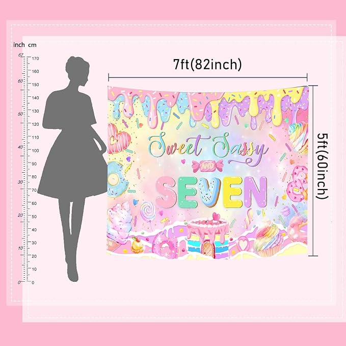 Mocsicka Donut 7th Birthday Banner Backdrop Sweet Sassy and Seven Birthday Party Decorations Banner for Girls Seven Birthday Party Banner for Phogography (Pink, 10x7ft(120"x82"))
