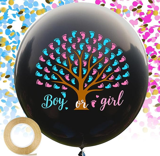 Footprint Tree Gender Reveal Balloon Popping Ideas, 36" Jumbo Black Baby Boy or Girl Balloons with Blue Pink Confetti, Perfect for Baby Shower Gender Reveal Parties