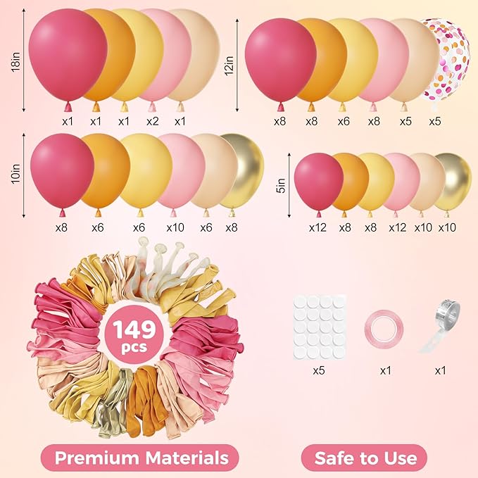 Ouddy Party 149Pcs Pink and Orange Balloon Garland Kit Different Sizes 18 12 10 5Inch, 6Pcs 18” Hot Pink Peach Metallic Gold Balloons for Summer Tropical Baby Shower Wedding Birthday Party Decor