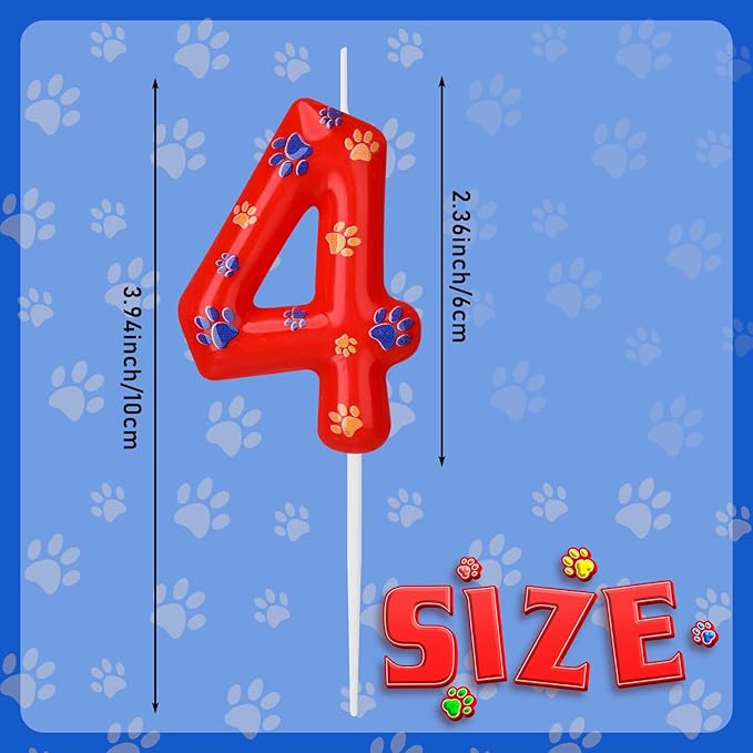 Conelist Number 4 Dog Paw Birthday Candles Dog Toppers Candles Blue Yellow and Red Numeral Birthday Cake Topper for 4 Year Old Boy Girl Paw Party Decoration Party Supplies