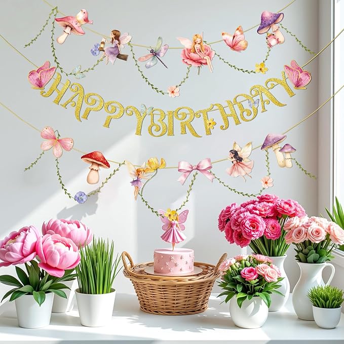 SUNBEAUTY Fairy Birthday Party Banner Fairy Party Decorations Fairy First Birthday Party Decorations for Girls Women Flower Mushroom Garland Leaf Vine String for Baby Shower Wonderland Spring Summer Garden Tea Party