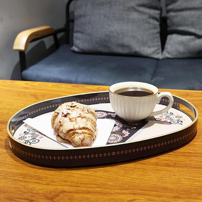 Oval Plastic Serving Tray with Handles, Elegant Decorative Tray for Coffee Table, Ottoman, Living Room, Kitchen, Outdoor Use. 10"*16"*1.4" C