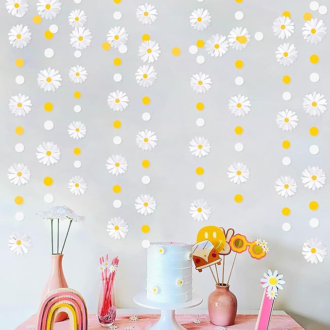 Daisy Party Decorations Yellow White Daisy Polka Dot Garland Double-Sided Daisy 3D Flower Streamer for Spring Summer Birthday Baby Shower Wedding Bridal Shower Retro Groovy Hippie Decorations Supplies