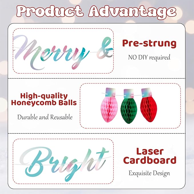 Christmas Banner, Pre-Strung Merry & Bright Banner Mantle Christmas Decor, Laser Xmas Wall Banners with Honeycomb Ball, Xmas Bunting for New Year Winter Fireplace Hanging Sign