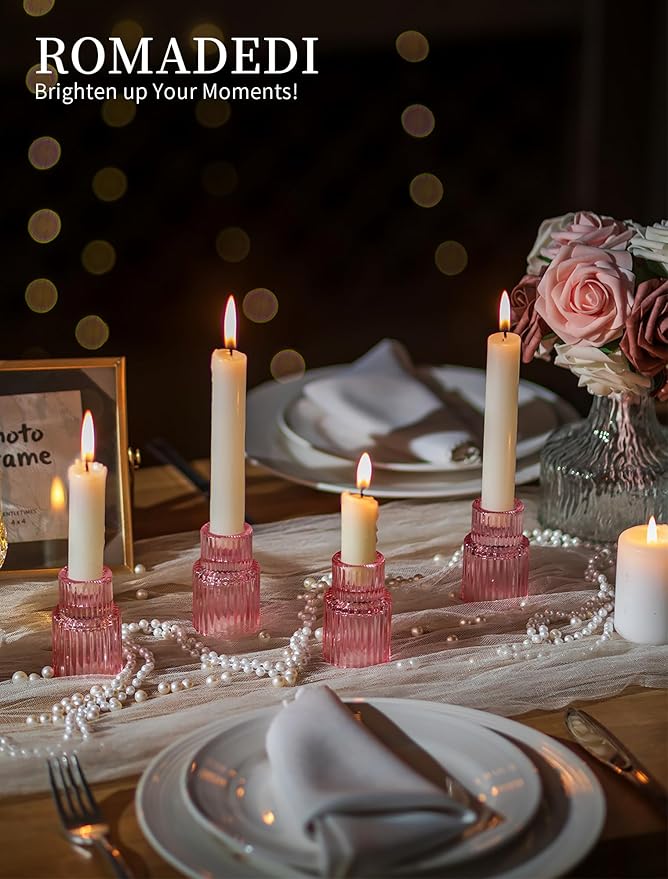 Romadedi Pink Glass Candle Holders - Set of 2 Ribbed Candlestick Holder for Table Centerpiece Elegant Taper Holder for Wedding Birthday Party Baby Showers Valentines Mother's Day Christmas
