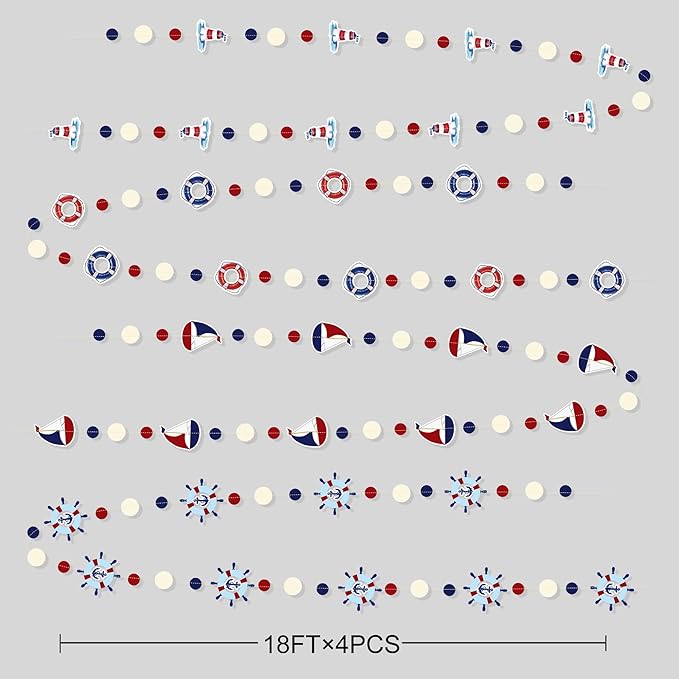 Nautical Party Decorations Red Blue Beige Circle Dots Garland Hanging Paper Polka Dot Streamer for Birthday Wedding Baby Shower Bachelorette Nautical Ahoy Achor Pirate Theme Party Decorations Supplies