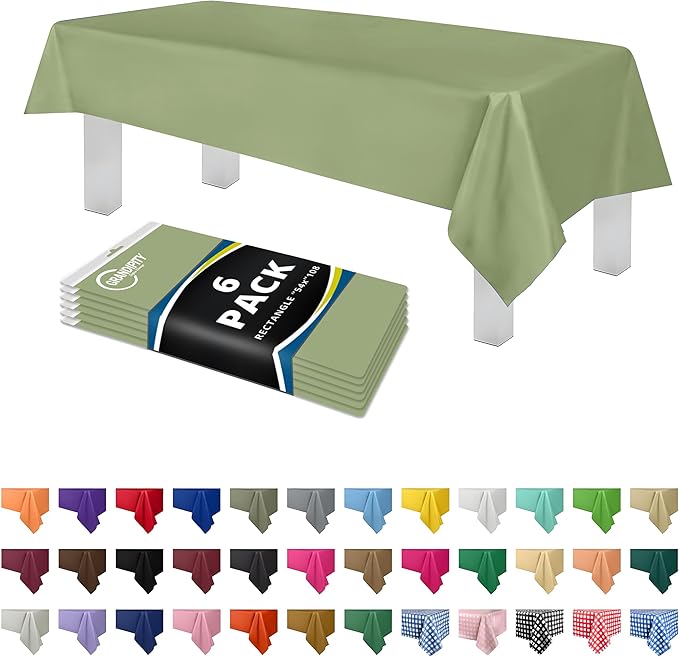 Grandipity Sage Plastic Table Cloth Disposable (6 Pk) 54in x 108in Plastic Tablecloths for Rectangle Tables - Premium Party Table Cloths Disposable for 6ft to 8ft Rectangle Tables