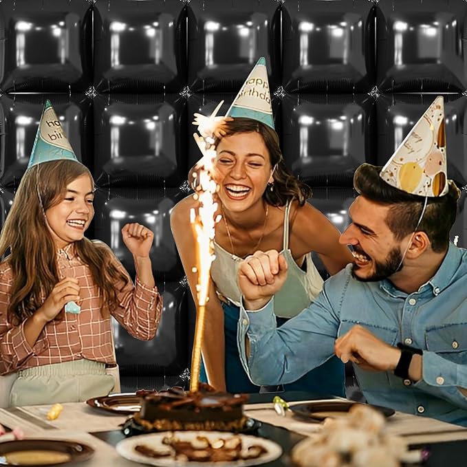 NISOCY 25PCS Black Square Foil Balloons Wall Backdrop Metallic Double Sided Black Balloon Tunnel Arch Kit for 2026 New Year Birthday Baby Shower Graduation Party Decorations