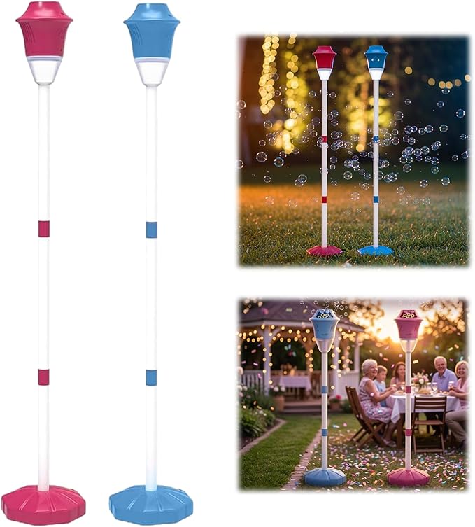 【Cherry Red + Ocean Blue】 Bubble Machine - Automatic Bubble Maker Torch with Adjustable Height Up to 47 Inche with LED Lights & Music for Birthday Party Garden Yard
