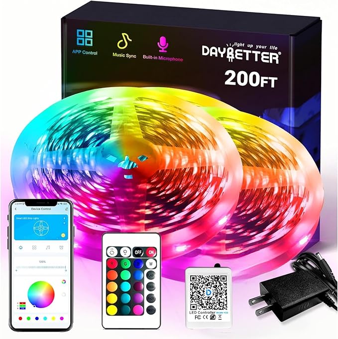 DAYBETTER Smart RGB Led Strip Lights, 200ft Led Lights for Bedroom with App Control, Multicolor Changing Led Light Strips Apply for Home Decor, Living Room, Kitchen, Home Party Decoration