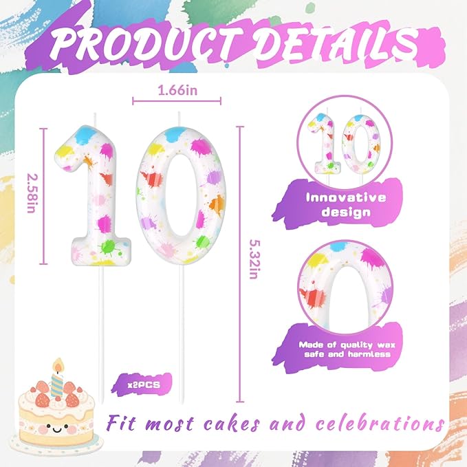 Paint Birthday Candles, Art Paint Party Decoration Supplies, Birthday Number Candles for Cake Topper (Multicolour, Number 10)