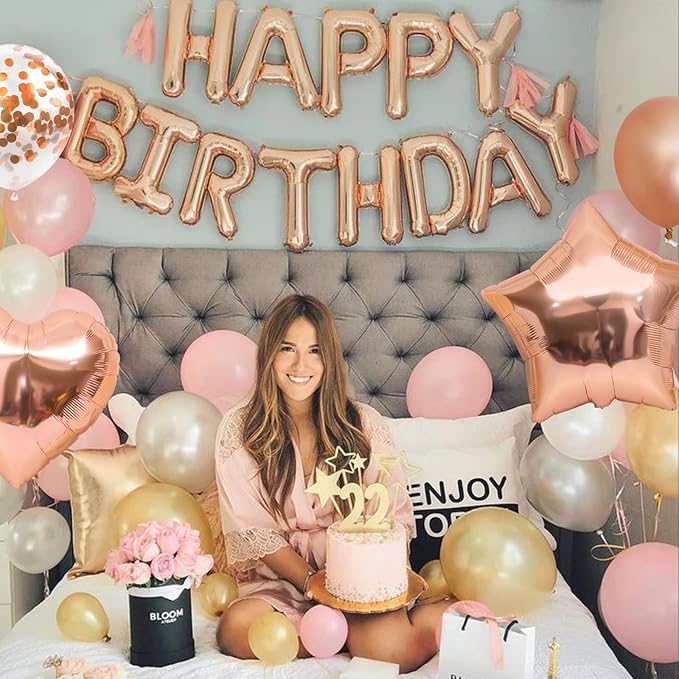 CANREVEL Happy Birthday Balloons Banner 16 Inch Mylar Foil Letters with Star & Heart Balloons Birthday Party Decorations for Men and Women - 30 Pcs Rose Gold