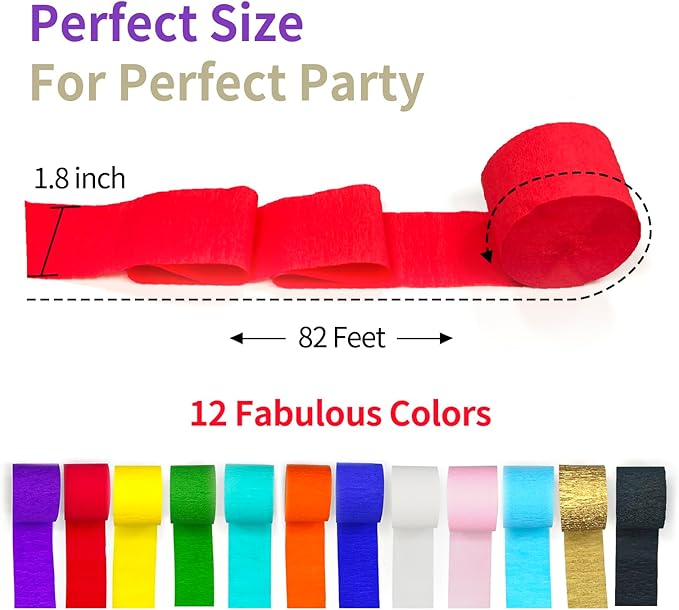 Rainbow Party Decorations, 12 Rolls Crepe Paper Streamers, 984ft 12 Rainbow Streamers for Birthday Baby Shower Engagement Wedding Office Back to School Supplies Party Decorations DIY Art Crafts
