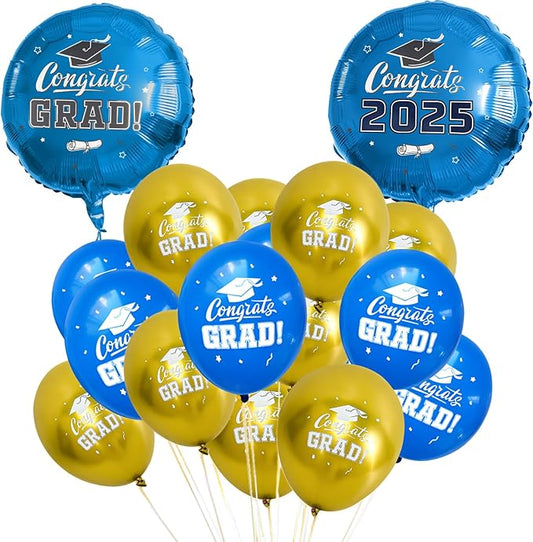 2025 Graduation Balloons Set - Blue & Gold 18" Foil & 12" Latex with Ribbons for Decorations | Grad Party Supplies | Class of 2025 | Biodegradable & Reusable | Graduation Decorations 2025