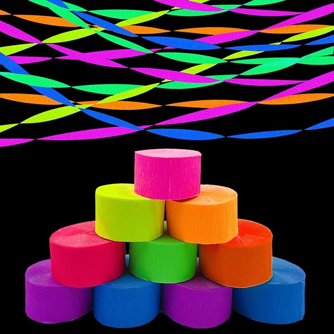 1776 feet Glow Party Neon Streamer Decorations Glow Crepe Neon Paper Streamers UV Reactive Blacklight Fluorescent Glow in The Dark Party Supplies and Decorations Wedding Birthday