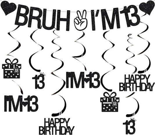 13th Birthday Decorations for Girls and Boys, Black Glitter Bruh I'M 13 Banner, Hanging Swirls Decoration for 13 Year Old Birthday Party Supplies
