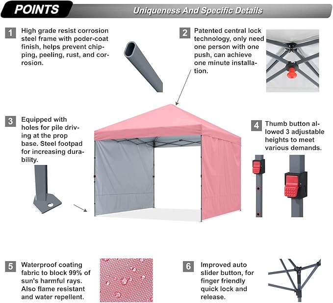 ABCCANOPY Outdoor Pop up Canopy Tent, 10x10 Instant Portable Canopy for Camping, Beach, Backyard,Pink