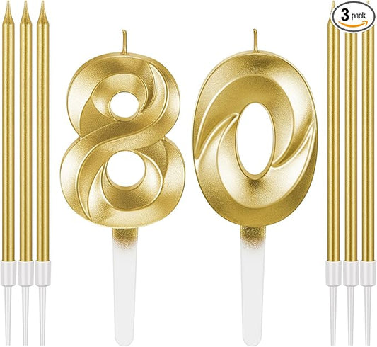 Mtlee Gold 80th Birthday Candles Set for Cakes Including Thin Metallic and Number Birthday Candles for Anniversary Celebration Party Topper Decorations Men Women
