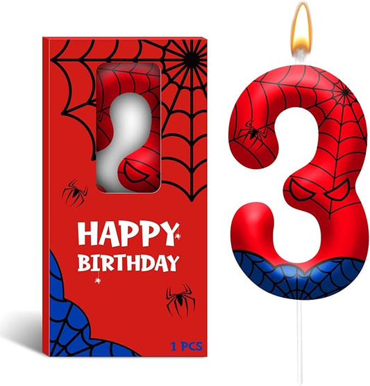 Spider Themed Birthday Candles Number 3 Red Blue Spider Web Themed Cake Topper Candle Party Decoration Birthday Party Celebrations Supplies Favors (Number 3)
