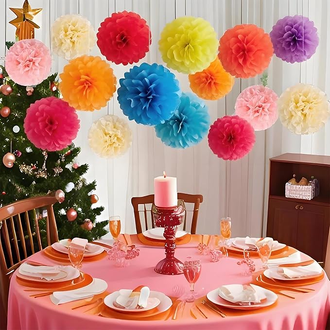 XIKSXITN 12 pc Multicolor Tissue Paper Pom-Poms - Hanging Multicolor Paper Flowers Ball for Party Decorative (10&12 inch)