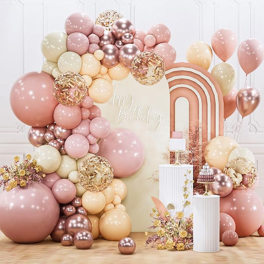 PartyWoo Dusty Pink Balloon Arch Kit Garland 142pcs Different Sizes of 18 12 10 5 Inch Blush Rose Pink Nude White Sand Gold Confetti Boho Balloons for Baby Shower Birthday Wedding Party Decorations