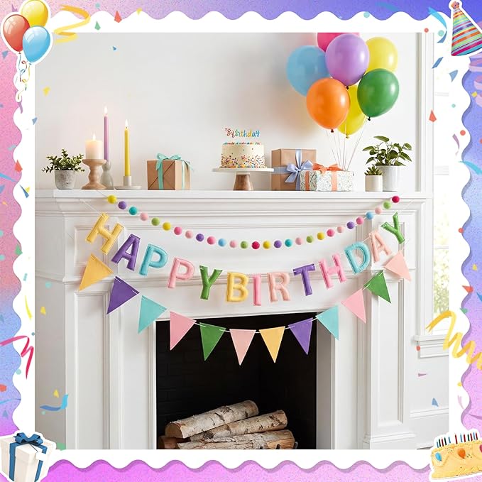 Mindsoft Pre Strung 3 Pcs Happy Birthday Banner Felt Ball Garland Multicolor Triangle Banner Reusable Bulk Rainbow Birthday Decorations for Girls Boys Women Men